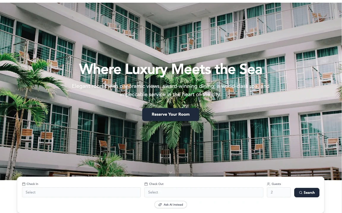 The Boom website builder canvas: a live property home page with a hero, a check-in / check-out search bar and an Ask AI option.
