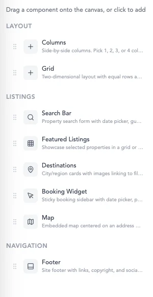 The builder component library — Columns, Grid, Search Bar, Featured Listings, Destinations, Booking Widget, Map and Footer.