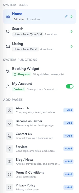 The builder's Pages panel: Home, Search and Listing as system pages, the Booking Widget and My Account, and one-click pages to add.