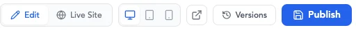 Builder toolbar with desktop, tablet and mobile previews, Versions and Publish.