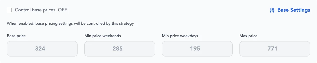 Base price, minimum weekend price, minimum weekday price and maximum price &mdash; the guardrails every factor works inside.