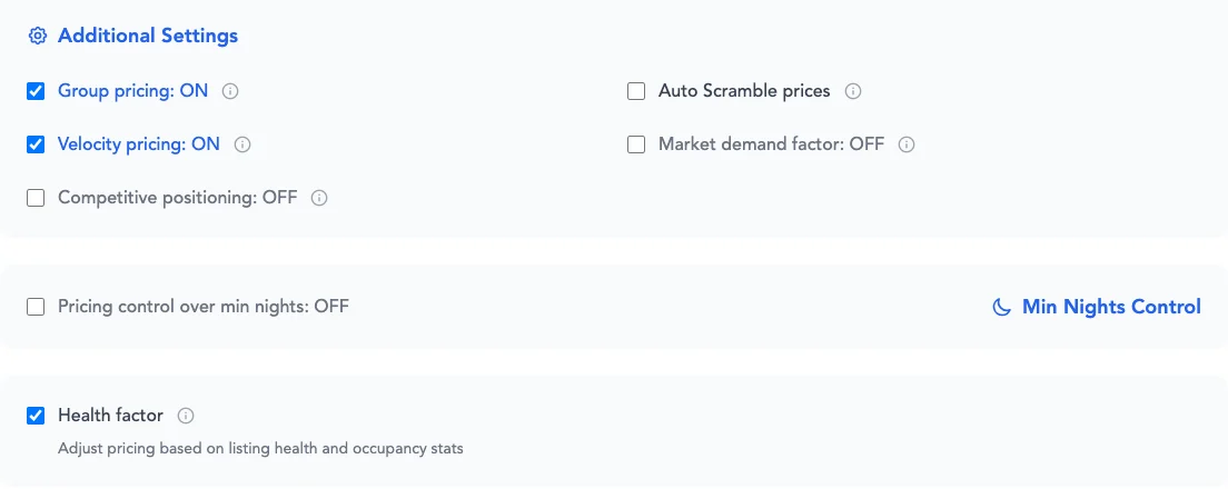 Strategy switches: group pricing, velocity pricing, competitive positioning, auto scramble, market demand factor, min-nights control and health factor.
